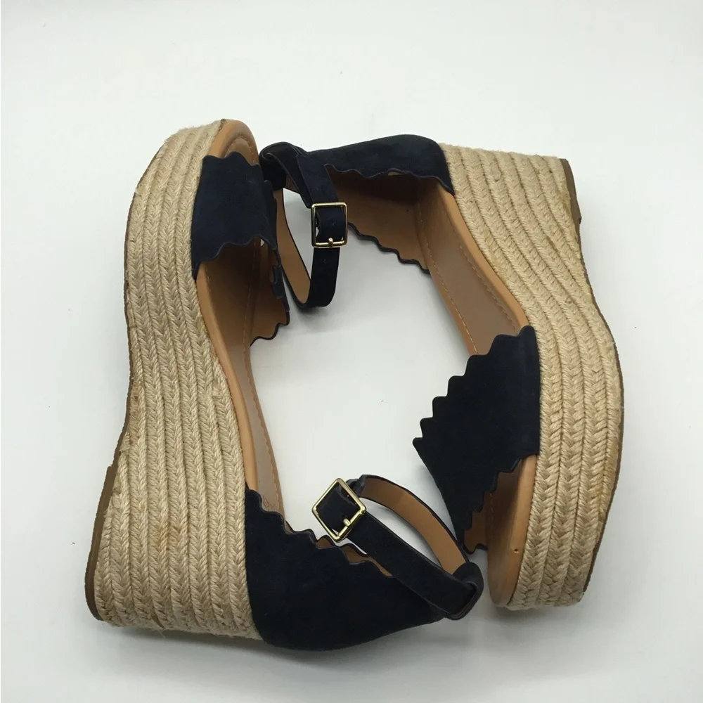 J. Crew Navy Suede Scalloped Platform Sandals - Picture 3 of 7